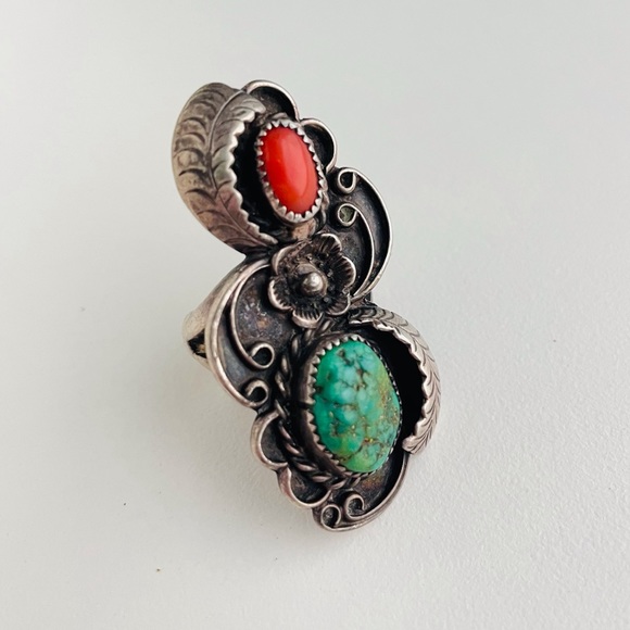 Vintage sterling silver Turquoise coral flower Navajo Ring - Picture 7 of 15